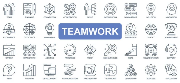 Konsep kerja tim ikon garis sederhana ditetapkan. Sekelompok tim, perencanaan, koneksi, kerjasama, optimisasi, brainstorm, prestasi dan lainnya. Vektor pack outline simbol untuk situs web atau desain aplikasi mobile - Stok Vektor