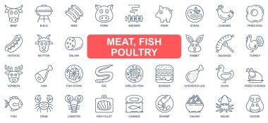 Et, balık ve kümes hayvanları basit çizgi simgeleri. Sığır eti, bbq, domuz eti, tavuk, sosis, sosis, burger, karides, yengeç ve diğerleri. Web sitesi veya mobil uygulama tasarımı için vektör paketi ana hatları sembolleri