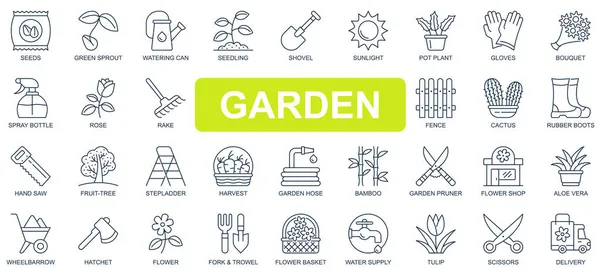 Bahçe konsepti basit çizgi simgeleri ayarlandı. Bir demet yeşil filiz, sulama tenekesi, tohum, kürek, eldiven, saksı bitkisi, hasat, erzak ve diğerleri. Web sitesi veya mobil uygulama tasarımı için vektör paketi ana hatları sembolleri — Stok Vektör