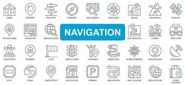 Concetto di navigazione semplice linea icone impostate. Pacchetto di casa, punto, bussola, mappa, ricerca, percorso, montagne, satellite, monitoraggio e altro. Simboli del profilo del pacchetto vettoriale per il design del sito Web o dell'app mobile — Vettoriale Stock