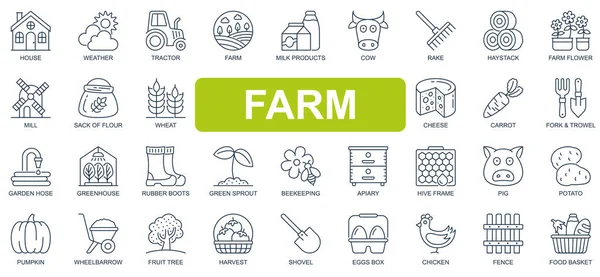Çiftlik konsepti basit çizgi simgeleri ayarlandı. Ev, traktör, süt ürünleri, inek, peynir, havuç, bahçe, sera, arıcılık ve diğerleri. Web sitesi veya mobil uygulama tasarımı için vektör paketi ana hatları sembolleri — Stok Vektör