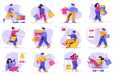 Alışveriş konsepti insanları izole ediyor. Alışveriş arabaları ve çantaları olan müşterilerin yer aldığı sahnelerin koleksiyonu mağazalarda veya internette satılıyor. Mega set. Düz tasarımda vektör illüstrasyonu