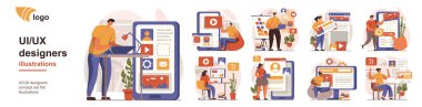 UI ve UX tasarımcıları insanları izole etme kavramını benimsediler. İnsanlarla sahnelerin toplanması mobil uygulamalar için yerleşim arayüzleri oluşturur ve optimize eder. Mega set. Düz tasarımda vektör illüstrasyonu