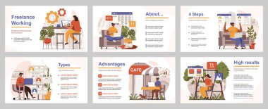 Sunum kaydırma şablonu için serbest çalışma konsepti. İnsanlar ev ofislerinde ve diğer yerlerde çalışıyor, uzaktan kumandalı işçiler iş yapıyor. Düzen tasarımı için düz kişilerle vektör illüstrasyonu