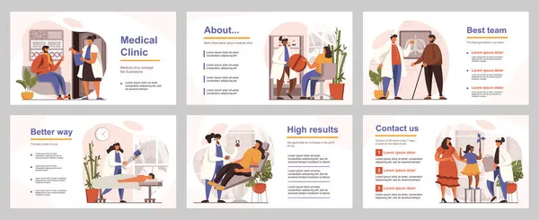 Concepto de clínica médica para plantilla de diapositiva de presentación. Las personas visitan diferentes médicos, reciben consultas, diagnósticos y tratamiento. Ilustración vectorial con personas planas para diseño de diseño — Archivo Imágenes Vectoriales