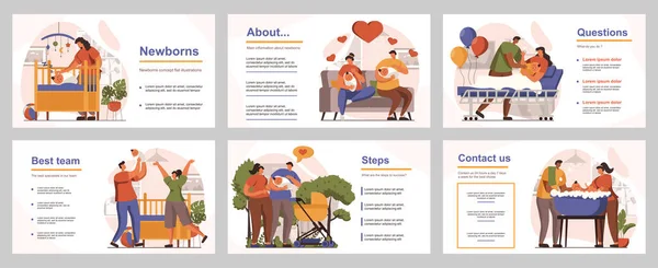 Concepto de recién nacidos para plantilla de diapositiva de presentación. La gente cuida niños, madres jóvenes y padres con niños, familias con bebés recién nacidos. Ilustración vectorial con personas planas para diseño de diseño — Vector de stock