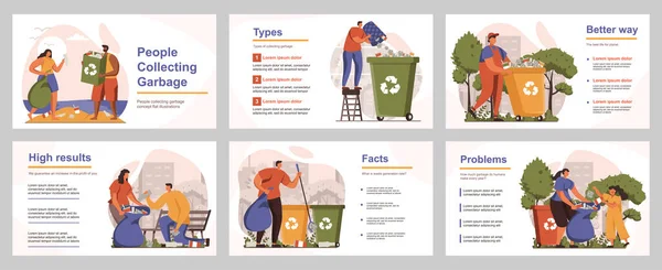 Persone che raccolgono il concetto di immondizia per presentazione modello di diapositiva. I volontari selezionano rifiuti diversi in bidoni separati, proteggendo l'ecologia. Illustrazione vettoriale con persone piatte per la progettazione del layout — Vettoriale Stock