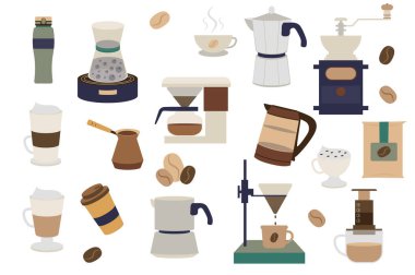 Kahve izole elementler. Hazırlık için bardaklarda ve ekipmanlarda farklı türde kahve içecekleri toplanıyor. Dükkan ya da kafe kompozisyonları. Düz çizgi film tasarımında vektör illüstrasyonu
