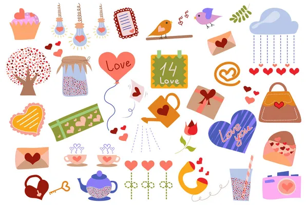 Sevgililer Günü izole elementleri ayarlandı. Hediye koleksiyonu, kalp, kek, kuş, mektup, bulut, balon, kilit, anahtar ve diğerleri. Romantik tatil kompozisyonları. Düz çizgi film tasarımında vektör illüstrasyonu — Stok Vektör