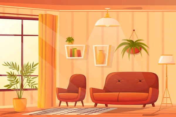 Koncepcja wnętrza salonu w płaskiej kreskówki. Apartament z kanapą i fotelem, lampą podłogową, dywanem, półkami na książki, wystrojem, roślinami i ogromnym oknem z zasłonami. Ilustracja wektora tła — Wektor stockowy