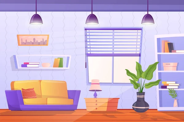 Nappali belső koncepció lapos rajzfilm design. Apartman kanapéval párnák, lámpa az asztalon, könyvespolc és könyvespolc, kép, növények és ablakok vakokkal. Vektor illusztrációs háttér — Stock Vector