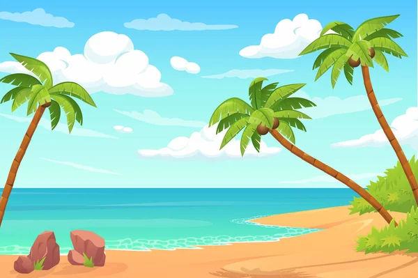 Concetto di isola tropicale estiva nel design piatto dei cartoni animati. Spiaggia sabbiosa con palme da cocco e vista sul mare o sull'oceano. L'estate riposa sul mare. Paesaggio marino idilliaco. Sfondo illustrazione vettoriale — Vettoriale Stock