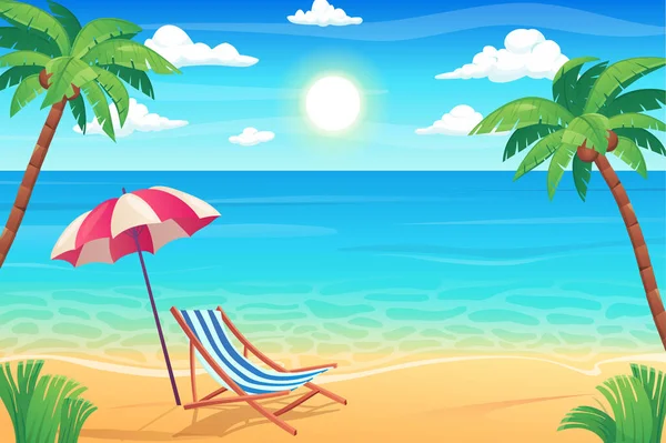 Летний отдых на острове Оал в плоском мультипликационном дизайне. Песчаный пляж с кокосовыми пальмами, шезлонги с зонтиком, море или океан берега. Идиллический морской пейзаж. Фон векторной иллюстрации — стоковый вектор