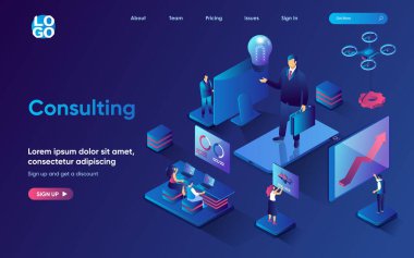 Danışmanlık konsepti izometrik iniş sayfası. İş yönetimi ve yönetim, muhasebe raporu, uzman danışmanlığı, 3D web afişi şablonu. Düz dizaynlı insanların bulunduğu vektör illüstrasyonuName