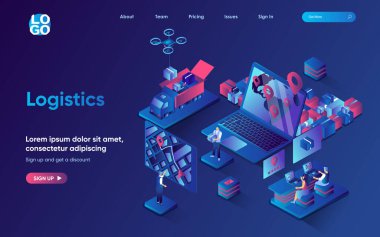 Lojistik konsept izometrik iniş sayfası. Harita, depolama, dağıtım ve küresel taşımacılık 3d web afiş şablonunda ekspres dağıtım hizmeti. Düz dizaynlı insanların bulunduğu vektör illüstrasyonuName