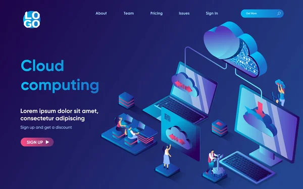 Cloud computing concept isometric landing page. Cloud technology of files download and storage, data connection network, 3d web banner template. Vector illustration with people scene in flat design — Stock Vector