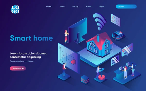 智能家庭概念等距登陆页.用应用程序、安全系统、 3D Web横幅模板对室内传感器进行自动控制和监控。平面设计中的人物形象矢量图解 — 图库矢量图片