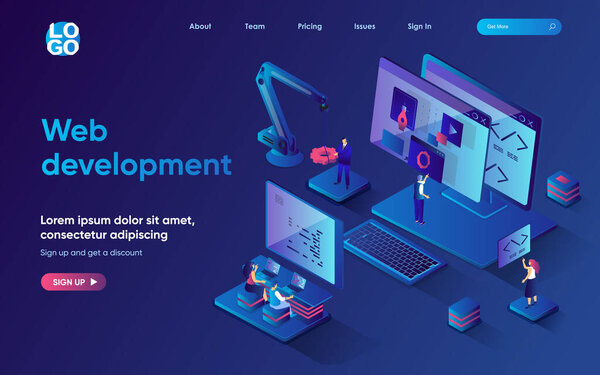 Concepto de desarrollo web página de destino isométrica. El equipo desarrolla y optimiza el diseño del sitio, funciona con código de página web, plantilla de banner web 3d. Ilustración vectorial con escena de personas en diseño plano — Vector de stock