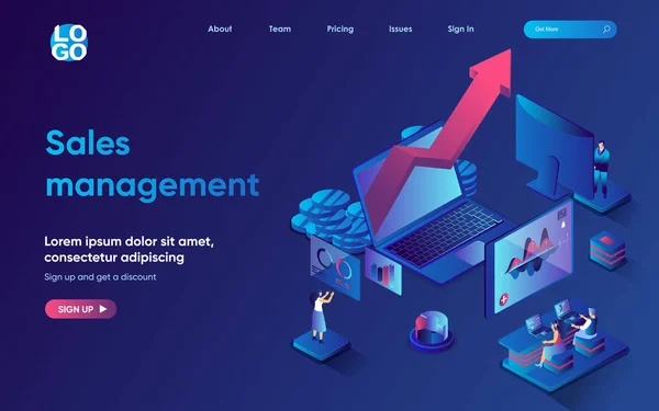 Concepto de gestión de ventas landing page isométrica. El equipo analiza los datos financieros, desarrolla una estrategia de marketing exitosa, plantilla de banner web 3d. Ilustración vectorial con escena de personas en diseño plano — Vector de stock