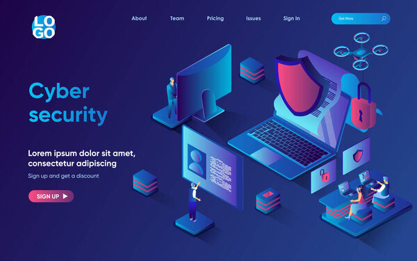 Concepto de seguridad cibernética página de destino isométrica. Protección de datos personales en Internet,  por contraseña al perfil, plantilla de banner web 3d. Ilustración vectorial con escena de personas en diseño plano — Vector de stock