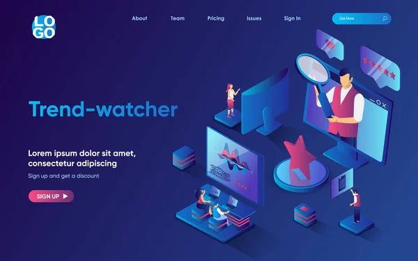 Trend-Watcher-Konzept isometrische Zielseite. Team macht Marketing-Forschung neuer Trends und Inhalte, analysiert Daten, 3D-Web-Banner-Vorlage. Vektorillustration mit Personenszene in flachem Design — Stockvektor