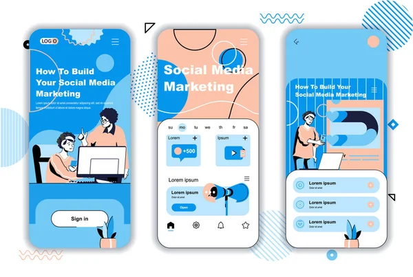 Social media marketing concept onboarding schermen voor mobiele app templates. Succesvolle online strategie promotie. UI, UX, GUI user interface kit met mensen scènes voor web design. Vectorillustratie — Stockvector