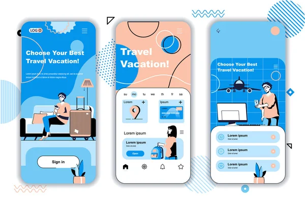 Concetto vacanza viaggio schermi di imbarco per modelli di app mobile. I viaggiatori con bagagli volano in viaggio di riposo. UI, UX, GUI kit di interfaccia utente con scene di persone per il web design. Illustrazione vettoriale — Vettoriale Stock
