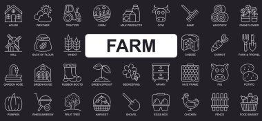 Çiftlik konsepti basit çizgi simgeleri ayarlandı. Ev, traktör, süt ürünleri, inek, peynir, havuç, bahçe, sera, arıcılık ve diğerleri. Web sitesi veya mobil uygulama tasarımı için vektör paketi ana hatları sembolleri