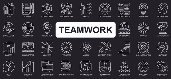 Teamwork concept simple line icons set. Bundle of team, planning, connection, cooperation, optimization, brainstorm, achievement and other. Vector pack outline symbols for website or mobile app design — Stock Vector