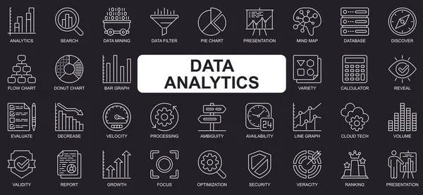 Koncept datové analýzy jednoduchých ikon řádků nastaven. Svazek vyhledávání, důlní filtr, koláčový graf, prezentace, databáze, kalkulačka a další. Vektorové obrysy balení pro design webových stránek nebo mobilních aplikací — Stockový vektor