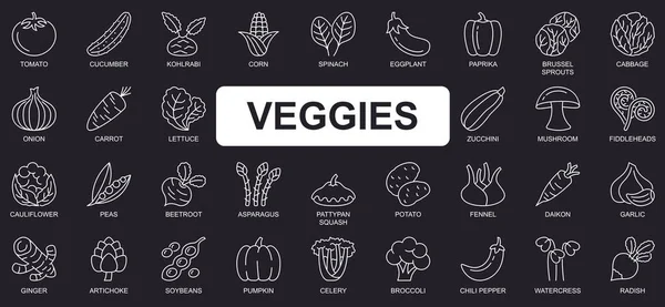 Veggies koncept jednoduché čáry ikony nastaveny. Hromada rajčat, okurek, špenátu, lilku, zelí, cibule, mrkve, dýně, řepy a dalších. Vektorové obrysy balení pro design webových stránek nebo mobilních aplikací — Stockový vektor