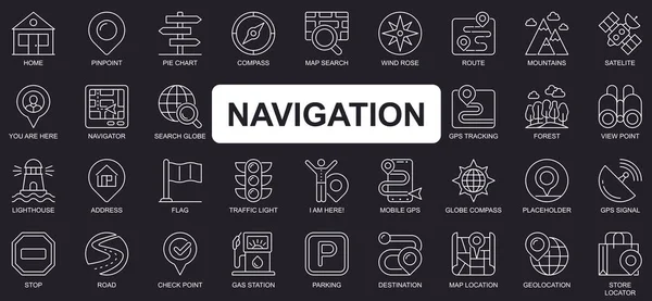 Navigasyon konsepti basit satır simgeleri ayarlandı. Ev, nokta, pusula, harita, arama, rota, dağlar, uydu, takip ve diğerleri. Web sitesi veya mobil uygulama tasarımı için vektör paketi ana hatları sembolleri — Stok Vektör
