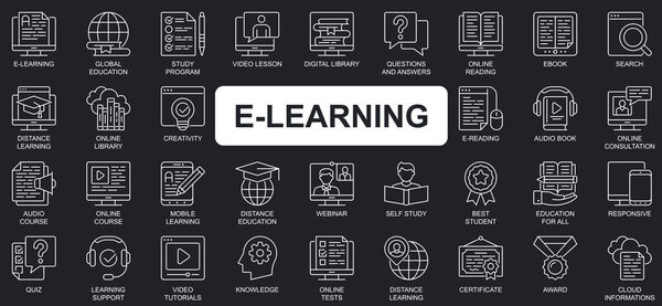 E-learning concept simple line icons set. Bundle of global education, study program, video lesson, digital library, webinar and other. Vector pack outline symbols for website or mobile app design