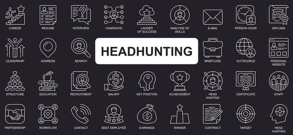 Headhunting-Konzept einfache Zeilensymbole setzen. Bündel von Karriere, Lebenslauf, Interview, Kandidat, Analyse, Führung, Rekrutierung und anderen. Vector Pack umreißt Symbole für Website oder mobiles App-Design — Stockvektor