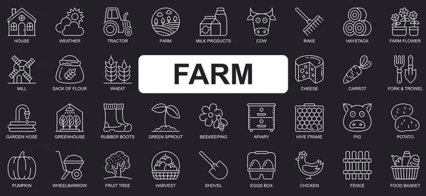 Conjunto de iconos de línea simple concepto de granja. Paquete de casa, tractor, productos lácteos, vaca, queso, zanahoria, jardín, invernadero, apicultura y otros. Símbolos de esquema de paquete vectorial para diseño de sitio web o aplicación móvil — Vector de stock