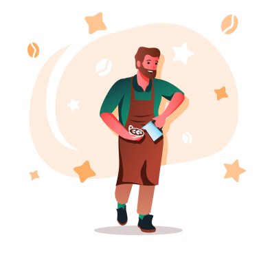 Barista, web tasarımı için düz kahve karakteri konsepti yapar. Elinde içecek bardağı olan ve kafeteryada çalışan bir adam, modern insanlar sahnesi. Sosyal medya tanıtım materyalleri için vektör illüstrasyonu.