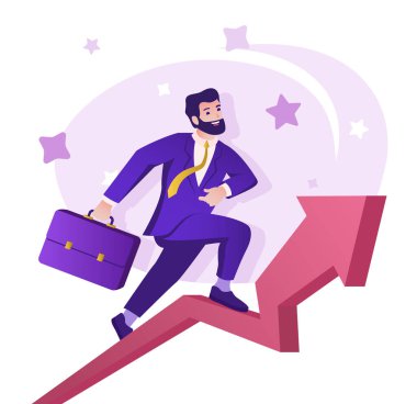Web tasarımı için iş büyümesi düz karakter kavramı. Evrak çantalı bir işadamı proje geliştirir, kârını arttırır, modern insan sahnesi. Sosyal medya tanıtım materyalleri için vektör illüstrasyonu.