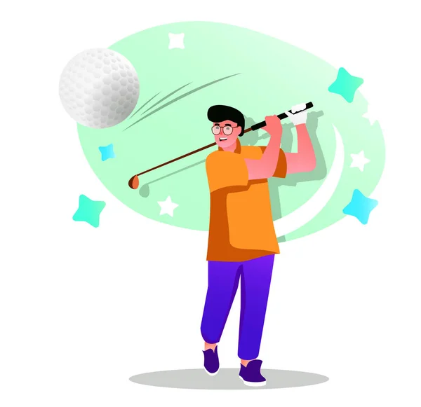 Golf gracz płaska koncepcja postaci do projektowania stron internetowych. Szczęśliwy człowiek uderza piłkę z klubu, szkolenia lub turnieju golfowego, sceny współczesnych ludzi. Ilustracja wektorowa materiałów promocyjnych w mediach społecznościowych. — Wektor stockowy
