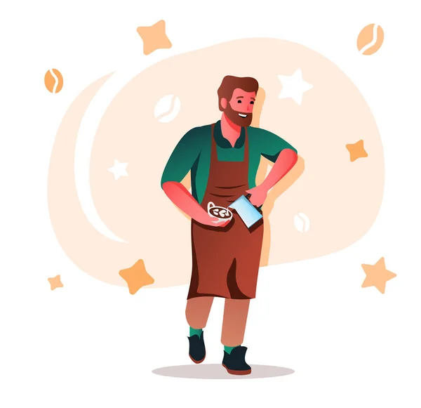 Barista makes coffee flat character concept for web design. Man holding cup with beverage and working in coffee shop, modern people scene. Vector illustration for social media promotional materials. — Stock Vector