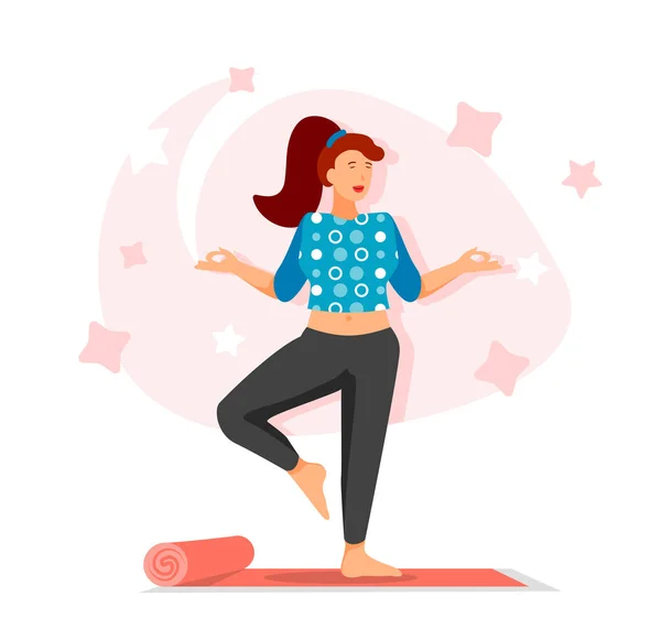 Yoga training flat χαρακτήρα για web design. Ευτυχισμένη γυναίκα που ασκεί asana και διαλογισμό, υγιεινό τρόπο ζωής, σύγχρονη σκηνή των ανθρώπων. Εικονογράφηση διανυσμάτων για διαφημιστικό υλικό μέσων κοινωνικής δικτύωσης. — Διανυσματικό Αρχείο