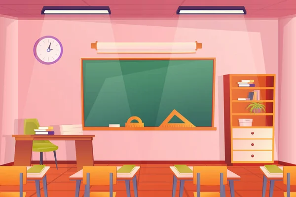 Концепция интерьера школьных классов в плоском дизайне мультфильмов. Комната и мебель обои. Класс со столами, стульями, учительским столом, доской, книжным шкафом и декором. Фон векторной иллюстрации — стоковый вектор