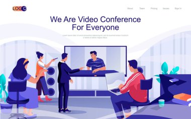 Video konferans konsepti izometrik iniş sayfası. İnsanlar iş arkadaşlarıyla görüntülü konuşma, tartışma ve beyin fırtınası, 3D web pankartı ile iletişim kuruyor. Web sitesi şablonu için düz tasarım vektör illüstrasyonu