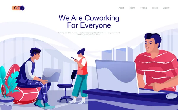 Coworking workspace concept isometrische landingspagina. Mensen werken op laptops, communicatie en samenwerking in open office, 3d webbanner. Vector illustratie in plat ontwerp voor website template — Stockvector