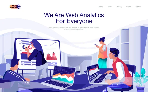 Web analytics έννοια ισομετρική σελίδα προσγείωσης. Οι άνθρωποι αναλύουν οικονομικά δεδομένα σε διαγράμματα και διαγράμματα, διαχείριση των επιχειρήσεων, 3d web banner. Εικονογράφηση διάνυσμα σε επίπεδη σχεδίαση για πρότυπο ιστοσελίδα — Διανυσματικό Αρχείο