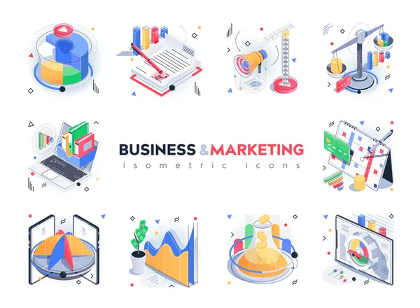 Business and marketing isometric icons set. Data analysis, financial statistics, advertising, promotion strategy, company development 3d isometry isolated pack. Vector illustration isometric elements — 图库矢量图片