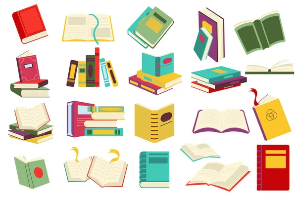 책을 읽는 것은 평면 만화 디자인으로 되어 있다. 서점이나 도서관에 책들이 쌓여 있습니다. 학생들이나 책꽂이를 볼 수있다. 여러 장르의 문학은 고립된 요소들을 수집 한다. 벡터 일러스트 — 스톡 벡터