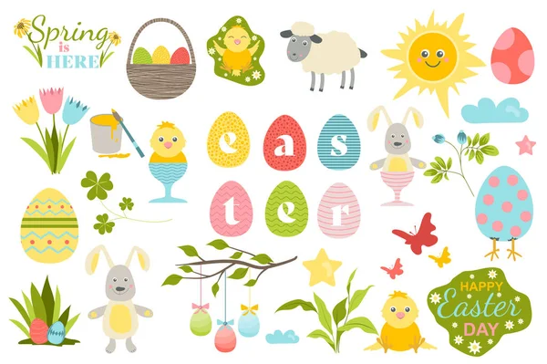 Düz tasarım Paskalya koleksiyonun kutlu olsun. Şenlikli parlak yumurtalar, sevimli tavşanlar ve civcivler, bahar çiçekleri. Tatili hediyelerle kutluyoruz. Vektör çizimi. El çizimi biçimi. — Stok Vektör