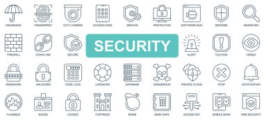 Güvenlik kavramı basit çizgi simgeleri ayarlandı. Piktogram sigorta, koruma, güvenlik duvarı, güvenlik, savunma, veri tabanı, özel bulut ve diğerlerini paketle. Web sitesi ve mobil uygulama tasarımı için vektör simgeleri