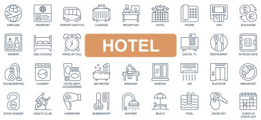 Otel konsepti basit çizgi simgeleri ayarlandı. Pasaport, havaalanı, bavul, resepsiyon, takas, restoran, oda servisi ve diğer şeylerin ana hatlarını paketle. Web sitesi ve mobil uygulama tasarımı için vektör simgeleri