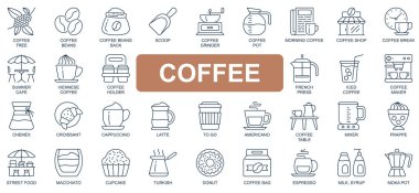 Kahve konsepti basit çizgi simgeleri ayarlandı. Fasulye, dükkan, kafe, fransız presi, kruvasan, cappuccino, latte, americano ve diğer şeylerin ana hatlarını hazırla. Web sitesi ve mobil uygulama tasarımı için vektör simgeleri